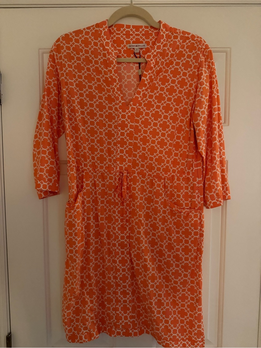 Peter Millar 3/4 Sleeve Orange Patterned Shift Dress